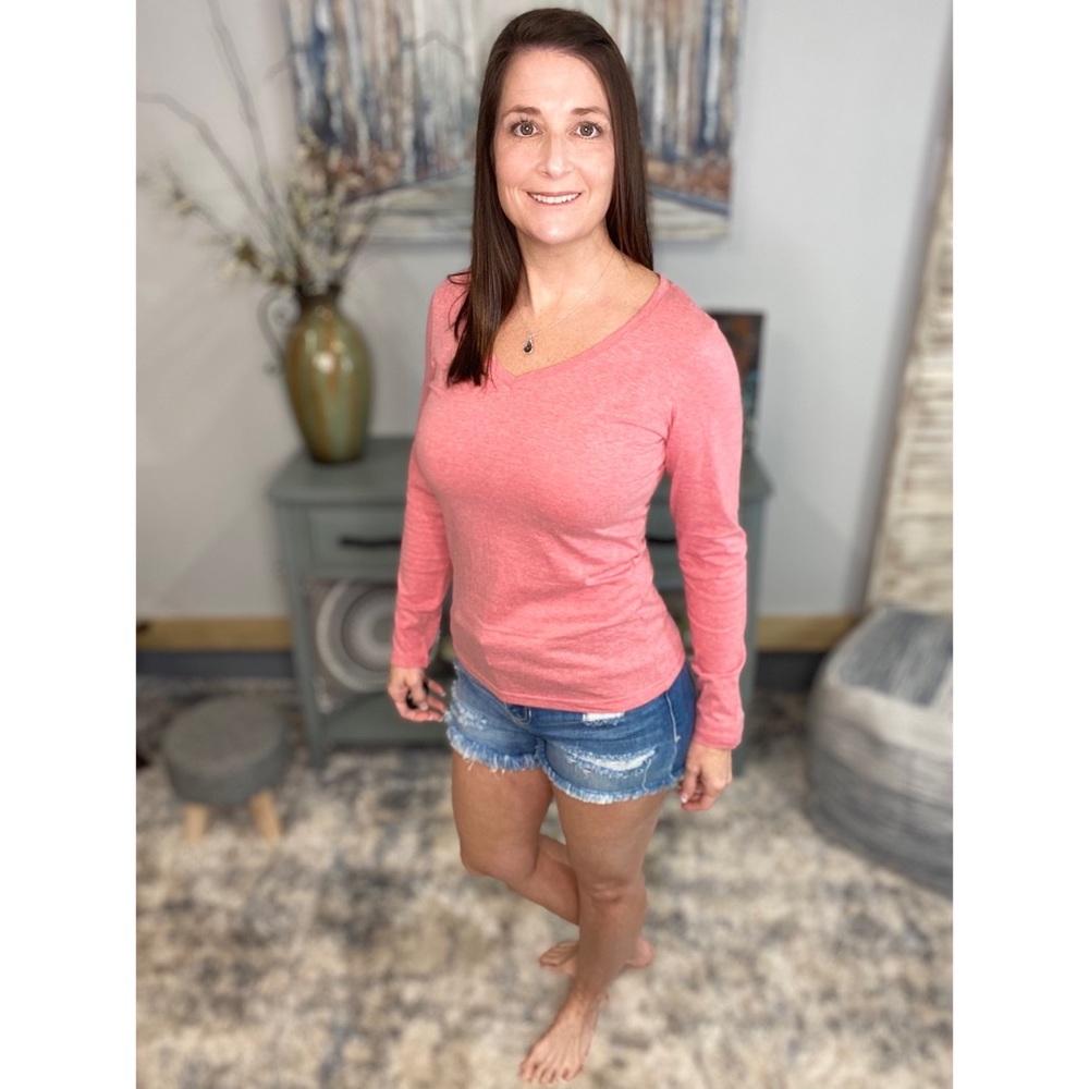 β€οΈβπ₯V-Neck Long Sleeve Basic Slimming Top Marbled Red 1222 - Picture 5 of 12
